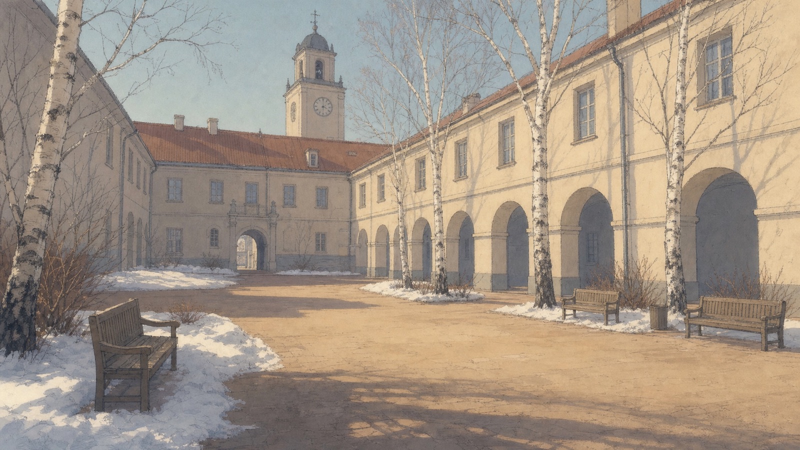Painted university courtyard in winter