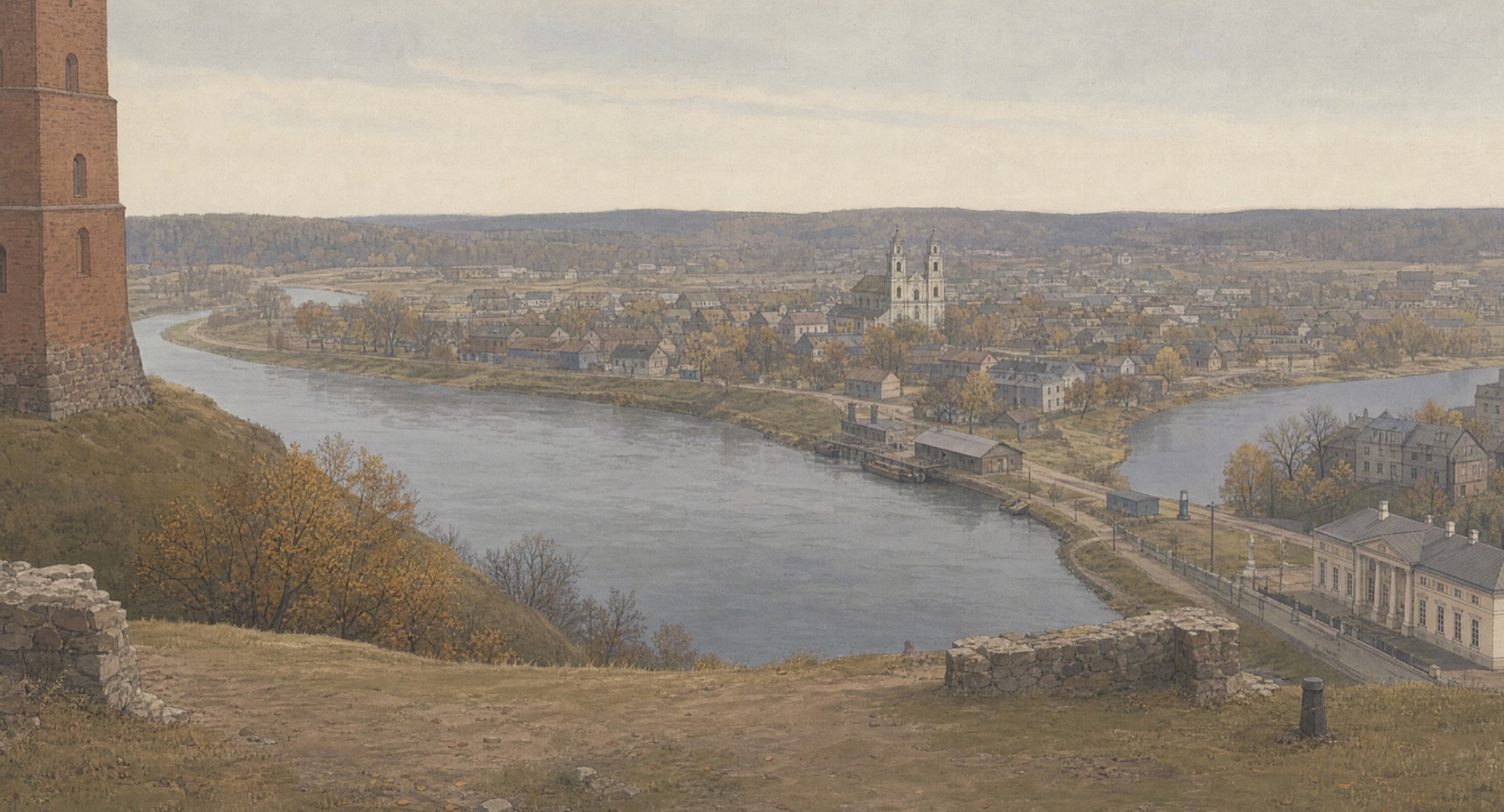 Painted view across the river toward the city of Vilnius