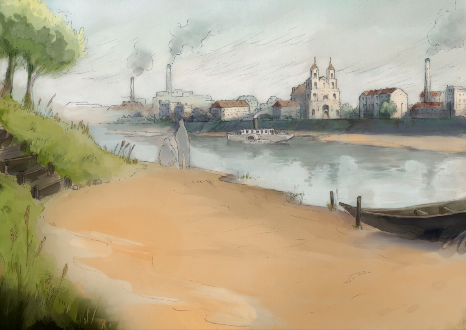 Painted riverside district with bridges and city buildings